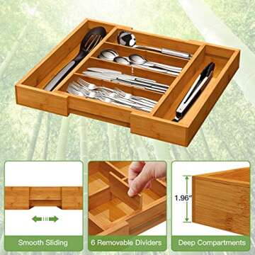 Pipishell Bamboo Expandable Drawer Organizer, Adjustable Silverware Organizer with Removable Divider...