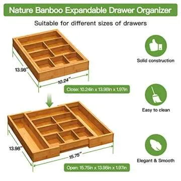 Pipishell Bamboo Expandable Drawer Organizer, Adjustable Silverware Organizer with Removable Dividers, Cutlery Tray Perfect for Kitchen, Bathroom, Office, Bedroom