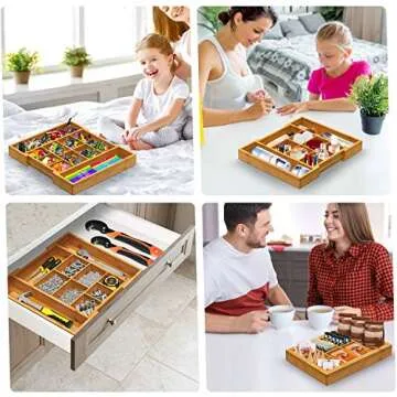 Pipishell Bamboo Expandable Drawer Organizer, Adjustable Silverware Organizer with Removable Dividers, Cutlery Tray Perfect for Kitchen, Bathroom, Office, Bedroom
