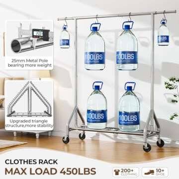 HYSEYY Heavy Duty Clothes Rack Load 450 LBS, Metal Garment Rack, Standing Rolling Clothing Rack for ...