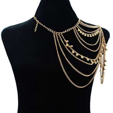 Yomiie Gold Body Chain Layered Tassels Shoulder Chain Bikini Beach Anniversary Festival Gift for Wom...