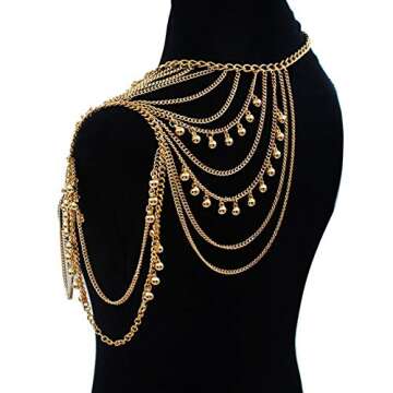 Yomiie Gold Body Chain Layered Tassels Shoulder Chain Bikini Beach Anniversary Festival Gift for Women Uniform Dress Bikini Shoulder Accessories