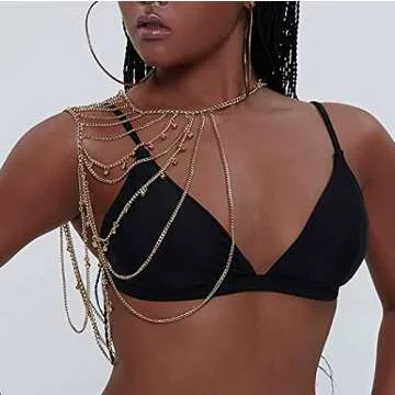 Yomiie Gold Body Chain Layered Tassels Shoulder Chain Bikini Beach Anniversary Festival Gift for Women Uniform Dress Bikini Shoulder Accessories