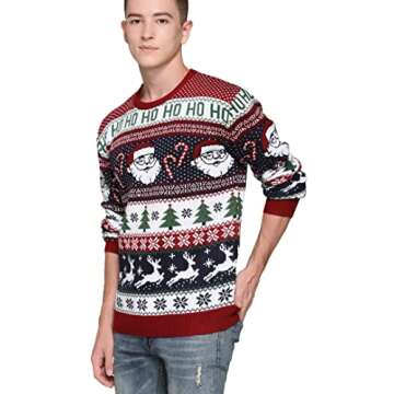 Men's Ugly Christmas Sweater Rudolph Reindeer Holiday Festive Knitted Cardigan Cute Pullover Jumper (XX Large, Santa&Cane Stripe)