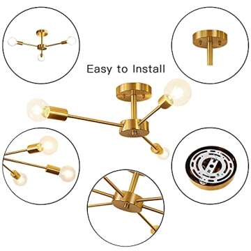 Luxuypon Gold Sputnik Chandelier Ceiling Light Fixture