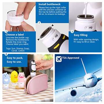 kemozaka Cute Silicone Travel Size Bottles Set for Toiletries, BPA Free, Leak Proof Squeezable Travel Containers With Built-in Labels, TSA Approved Refillable Travel Essentials Accessories (4pcs)