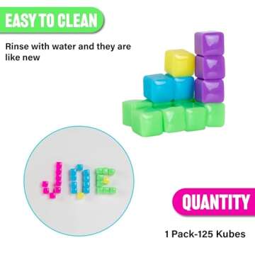 KOMARC GAMES StickiKubes, Mini Stacking Cubes That Stick to Anything, Non Toxic Kid Safe Sticky Blocks, Creative Construction Toy - 125 Cubes, 5 Neon Colors, Tub