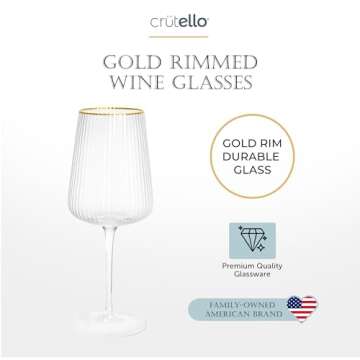 Crutello Modern Wine Glasses - 17 oz Unique Fluted Glassware with Vintage Ribbed Glassware Texture and Gold Rim, Art Deco Red or Fancy White Wine Glasses - Set of 4