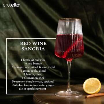 Crutello Modern Wine Glasses - 17 oz Unique Fluted Glassware with Vintage Ribbed Glassware Texture and Gold Rim, Art Deco Red or Fancy White Wine Glasses - Set of 4