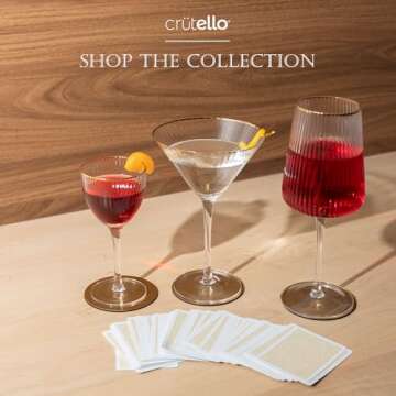 Crutello Modern Wine Glasses - 17 oz Unique Fluted Glassware with Vintage Ribbed Glassware Texture and Gold Rim, Art Deco Red or Fancy White Wine Glasses - Set of 4