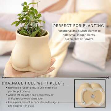 BASE ROOTS Plant Pot Ceramic Planter Vase with Drainage for Succulents, Cactus, Flowers - Ideal for Boho Indoor & Outdoor Garden, Aesthetic Living Room, Bedroom, Desk Organizer Decor & Gift Idea