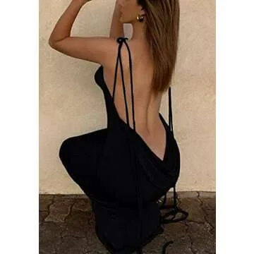 Women’s Sexy Spaghetti Strap Backless Cami Dress Bodycon Summer Party Cocktail Formal Halter Sundress Black