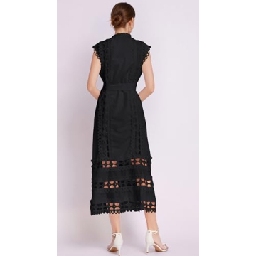 LAI MENG FIVE CATS Women's Sleeveless Hollow Out Lace Button Up Casual Midi Party Dress with Belt Black