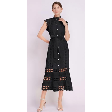 LAI MENG FIVE CATS Women's Sleeveless Hollow Out Lace Button Up Casual Midi Party Dress with Belt Black