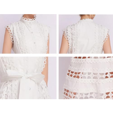 LAI MENG FIVE CATS Women's Sleeveless Hollow Out Lace Button Up Casual Midi Party Dress with Belt Black