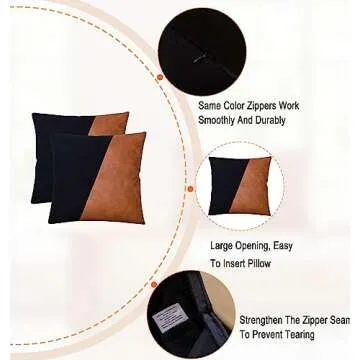 GEGELICA Set of 2Faux Leather Patchwork Black Linen Throw Pillow Covers, Modern Minimalist Farmhouse Solid Brown Accent Square Decorative Boho Pillow Covers18X18 Inch for Couch Living Room Bedroom
