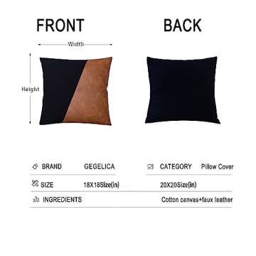 GEGELICA Set of 2Faux Leather Patchwork Black Linen Throw Pillow Covers, Modern Minimalist Farmhouse Solid Brown Accent Square Decorative Boho Pillow Covers18X18 Inch for Couch Living Room Bedroom