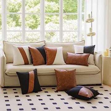 GEGELICA Set of 2Faux Leather Patchwork Black Linen Throw Pillow Covers, Modern Minimalist Farmhouse Solid Brown Accent Square Decorative Boho Pillow Covers18X18 Inch for Couch Living Room Bedroom