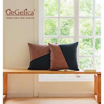 GEGELICA Set of 2Faux Leather Patchwork Black Linen Throw Pillow Covers, Modern Minimalist Farmhouse Solid Brown Accent Square Decorative Boho Pillow Covers18X18 Inch for Couch Living Room Bedroom