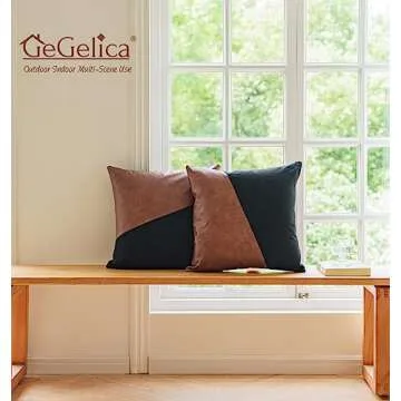 GEGELICA Set of 2Faux Leather Patchwork Black Linen Throw Pillow Covers, Modern Minimalist Farmhouse Solid Brown Accent Square Decorative Boho Pillow Covers18X18 Inch for Couch Living Room Bedroom