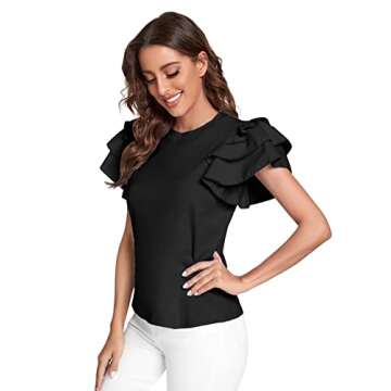 Verdusa Women's Layered Ruffle Butterfly Sleeve Round Neck Blouse Tee Top Black M