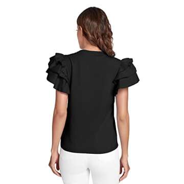Verdusa Women's Layered Ruffle Butterfly Sleeve Round Neck Blouse Tee Top Black M