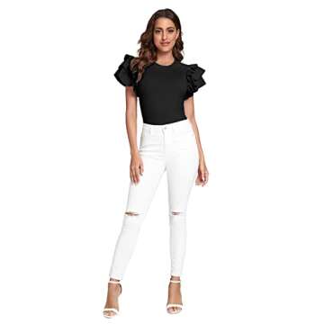 Verdusa Women's Layered Ruffle Butterfly Sleeve Round Neck Blouse Tee Top Black M