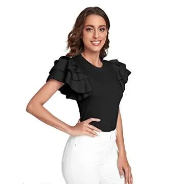 Verdusa Women's Layered Ruffle Butterfly Sleeve Round Neck Blouse Tee Top Black M