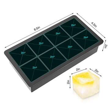 Ice Cube Trays Large Size Silicone Square Ice Cube Molds for making 8 Giant Ice Cubes for Whiskey and Cocktails, Keep Drinks Chilled, Reusable and BPA Free 2 Pack