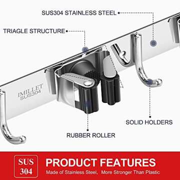 IMILLET 2 Pack Broom and Mop Holder Wall Mounted, Stainless Steel Broom Holder Mop Holder Self Adhes...