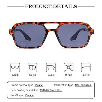 COASION Vintage 70s Flat Aviator Small Frame Sunglasses for Women Men Square Metal Design UV400 Protection Shades (Orange Frame/Blue Lens +Yellow Tortoise Frame/Grey Lens)