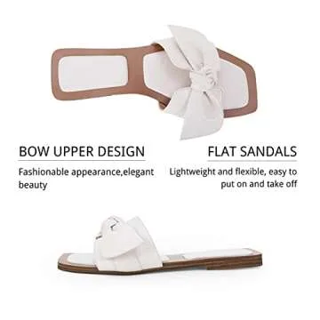 LAICIGO Women's Square Open Toe Slide Sandals Bowknot Slip-on Backless Faux Suede Summer Flats Sandals