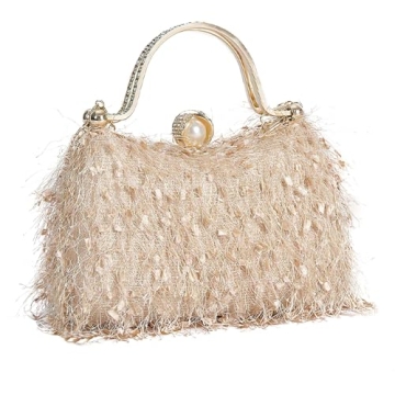 Stunning RonFoxi Gold Clutch Purse with Fluffy Tassel for Weddings & Parties