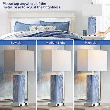 Touch Control Table Lamps with White Fabric Shade Set of 2, 3-Way Dimmable Modern Ceramic Blue Night...