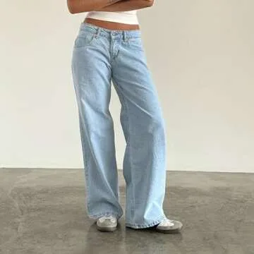 Kodaruber Women Y2k Low Rise Baggy Jeans Loose Fit Boyfriend Straight Wide Leg Jeans Trendy Stretch Long Denim Pants(Baby Blue,Medium)