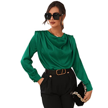 SOLY HUX Women's Silk Satin Cowl Neck Shoulder Pads Long Sleeve Blouse Tops Green M