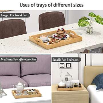 Farmhouse Serving Tray with Handles, Large Rectangular Snack Food Tray, Bamboo Serving Platter for B...