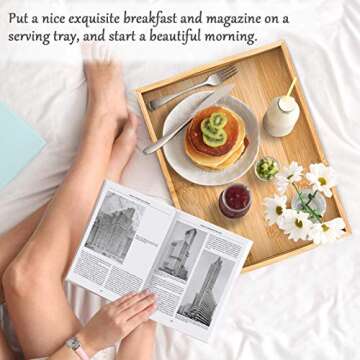 Farmhouse Serving Tray with Handles, Large Rectangular Snack Food Tray, Bamboo Serving Platter for Breakfast, Tea Coffee Table, Nesting Ottoman Bed Tray, Decorative Party Supplies, Set of 3 (Natural)