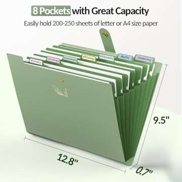 Sooez Aesthetic 8 Pocket Accordion File Organizer, Pastel Expanding File Folder for Important Document with Labels, Portable Receipt Bill Organizer for Office School Supplies, Letter Size Olive Green
