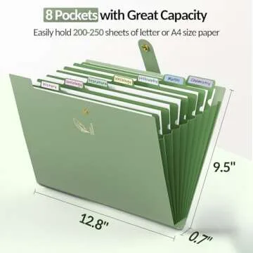 Sooez Aesthetic 8 Pocket Accordion File Organizer, Pastel Expanding File Folder for Important Document with Labels, Portable Receipt Bill Organizer for Office School Supplies, Letter Size Olive Green