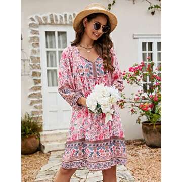 Bluetime Women Beach Casual V Neck Dress 3/4 Sleeve Floral Boho Dress (XXL, Pink)