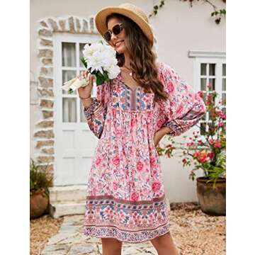 Bluetime Casual V Neck Summer Floral Dress for Women