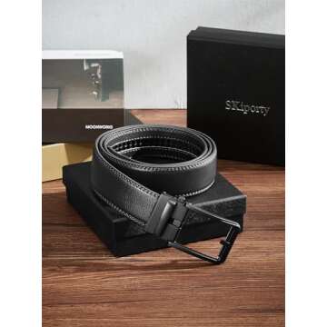 SKiporty Black Mens Belt Ratchet Belts Dress Casual Leather Belt for Men With Slide Adjustable Click Buckle Gifts Box