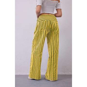 AIHUKOCY Women Drawstring Stripe Wide Leg Casual Trousers Striped Low Rise Casual Loose Lounge Pants...