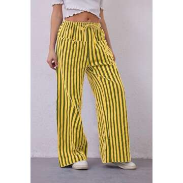 AIHUKOCY Women Drawstring Stripe Wide Leg Casual Trousers Striped Low Rise Casual Loose Lounge Pants with Pockets Yellow