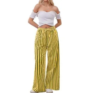 AIHUKOCY Women Drawstring Stripe Wide Leg Casual Trousers Striped Low Rise Casual Loose Lounge Pants with Pockets Yellow
