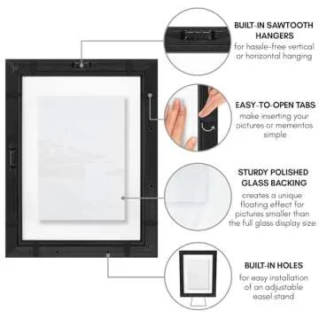Americanflat 8x10 Floating Picture Frame with Polished Crystal-Clear Glass - Use as 5x7 Frame or 4x6 Frame - Signature Float Collection - Photo Frame for Tabletop and Wall Display - Black