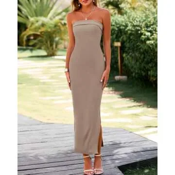 BTFBM Womens Tube Strapless Maxi Dress 2025 Summer Knit Backless Slit Bodycon Wedding Party Formal Cocktail Dresses(Solid Khaki, Small)