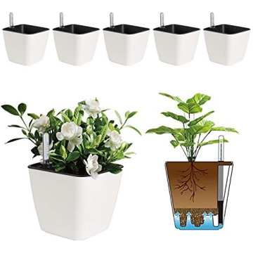 T4U 5.5 Inch Self Watering Plastic Planter with Water Level Indicator Pack of 6 - Matte White, Moder...