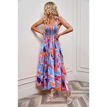 kinstell Women's Summer Boho Spaghetti Strap Square Neck Ruffle Casual Flowy Long Dress Beach Swing Party Maxi Dress Red Floral